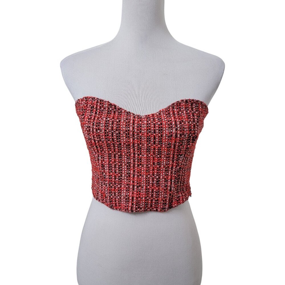 Zara Size M Red, Black and White Tweed Cropped Corset Strapless Top, Gently Used - Picture 2 of 13